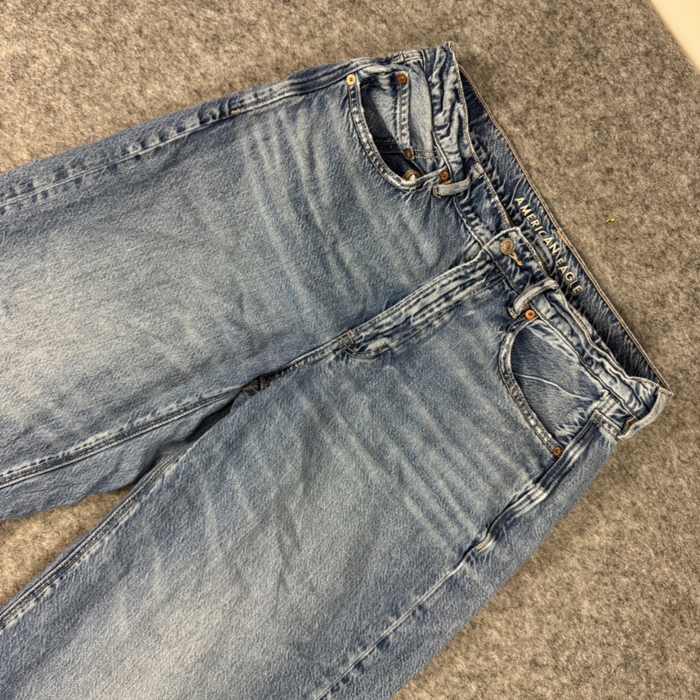 American Eagle Super High Rise Baggy Wide Leg Jeans Size 12 Long Blue Distressed